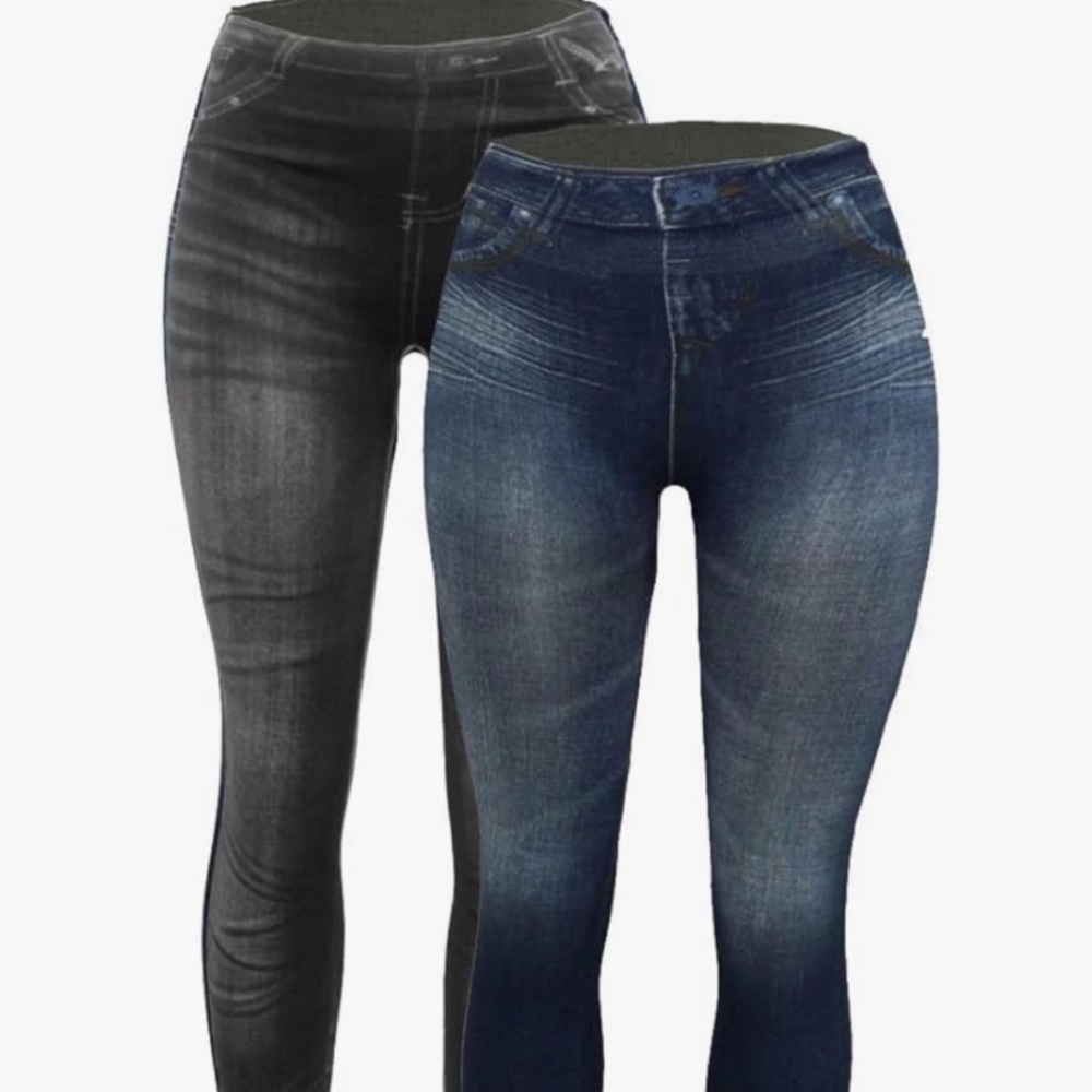 2 Women Denim Print Fake Jeans Seamless Fleece Lined Leggings